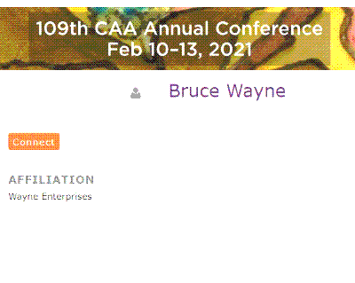 Screenshot of CAA conference page showing the test profile of someone named 'Bruce Wayne'.