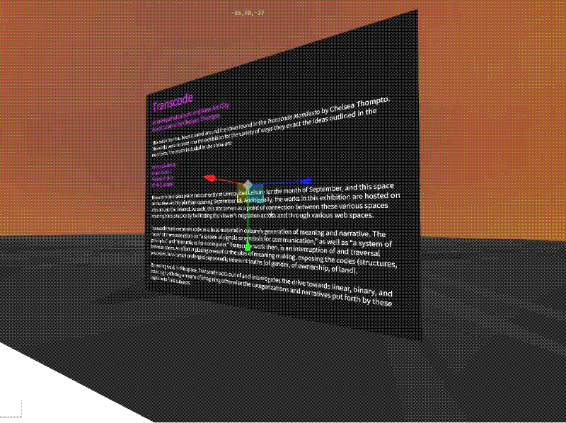 Image of a virtual space with an orange sky and a black floating retangle with white and pink text.