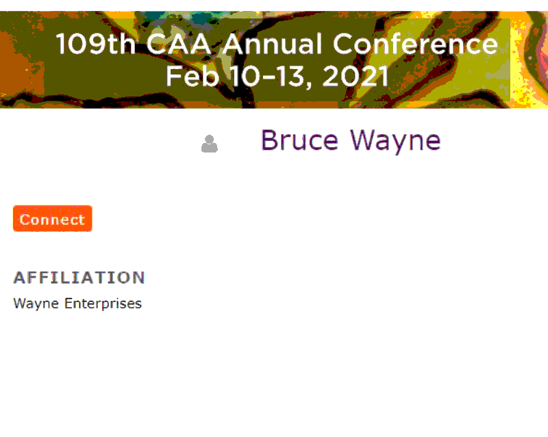 Screenshot of CAA conference page showing the test profile of someone named 'Bruce Wayne'.