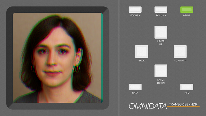 A grey interface with white buttons on the right and an out of focus portrait on the left.