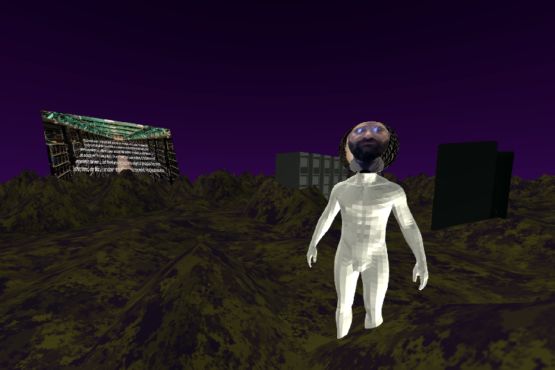 Screenshot of Decodification of The Body website featuring a brown and green texturyed floor with mounds raising up to a purple sky. There is a white figure with a video rob for a head, server racks, and a large video screen in the scene.