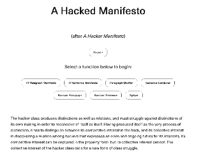 A black and white dithered image of a website with the words 'A Hacked Manifesto' on top.