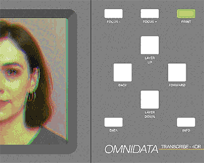 A grey interface with white button on the right and half a portrait on the left.