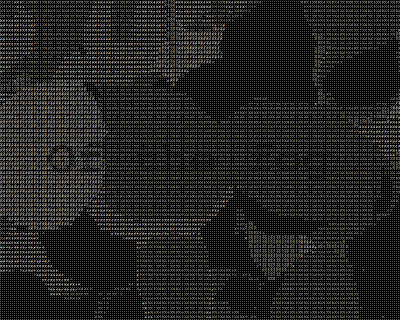 A black and white dithered image of a 3D scene rendered in ASCII art with the words 'Of the fog...'.