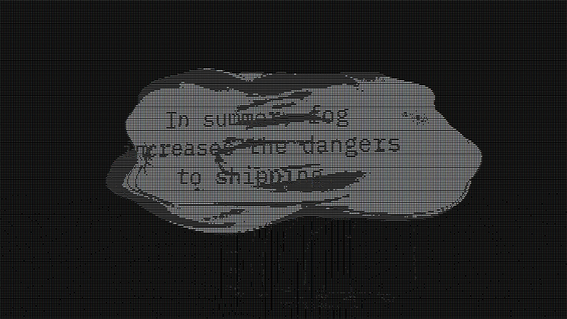 A black and white dithered image of a 3D scene rendered in ASCII art containing fog.