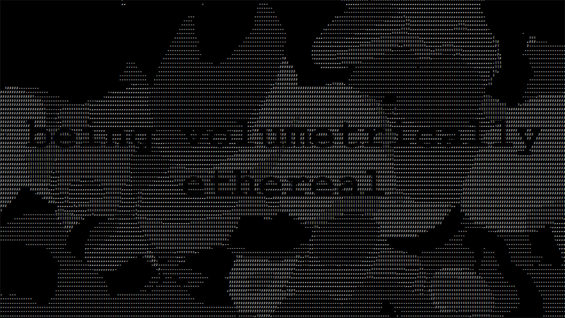 A black and white dithered image of a 3D scene rendered in ASCII art with the words 'being volumetrically ethereal'.
