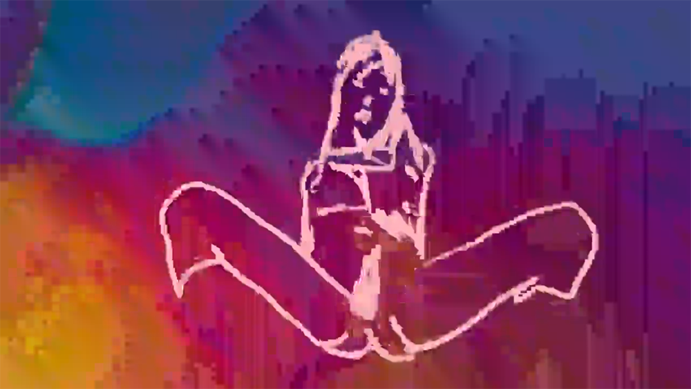 A screenshot of Lorelei d'Andriole's video work. Sketchy pink line drawing of a person on a glitchy blue, pink, and yellow background.